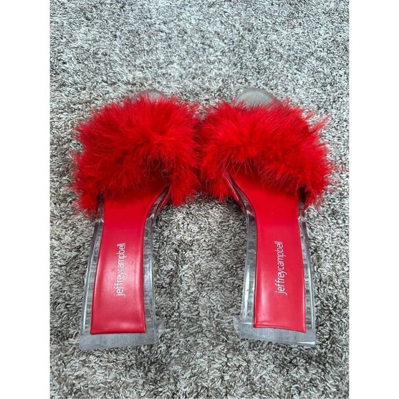 JEFFREY CAMPBELL Luxuries Feather Sandal Acrylic Heels Red Genuine Feathers 11 - Picture 10 of 15